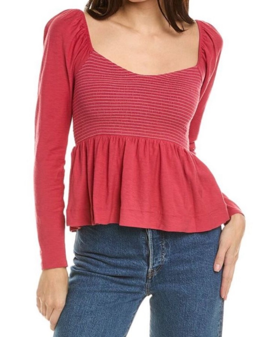 Nation LTD Zoie Smocked Babydoll Top Berry Pink/Red Pima Cotton Puff Sleeve M